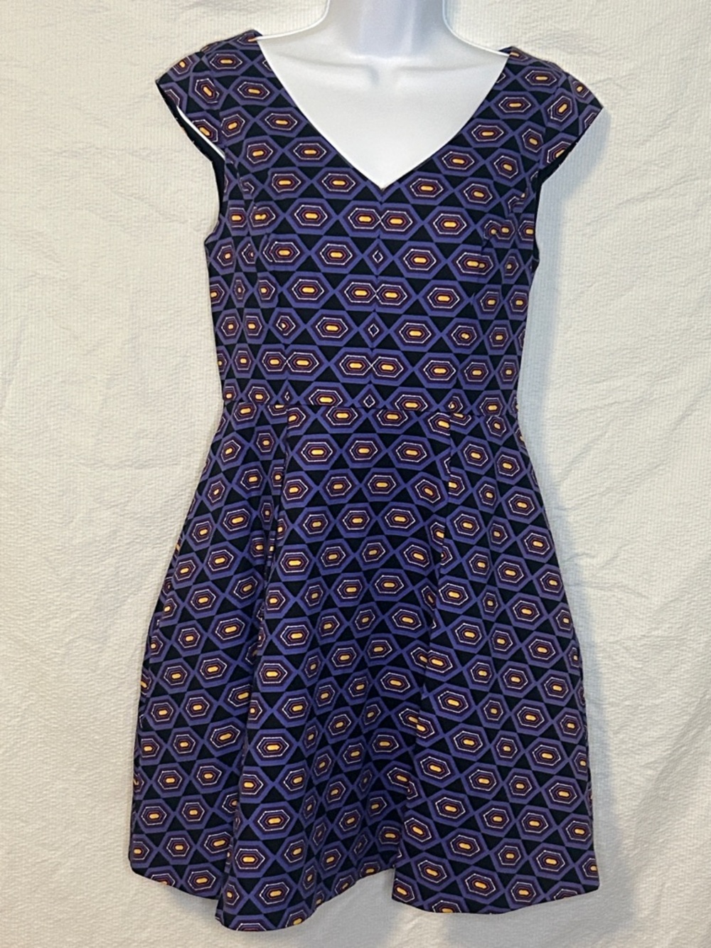 Kate Spade Saturday Mini Dress, Black w/ purple/yellow geometric pattern, Size 4